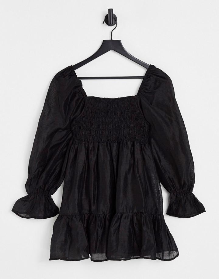 Ghospell Mini Smock Dress With Puff Sleeves In Black