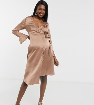Outrageous Fortune Maternity Tie Detail Blazer Dress With Fluted Sleeve Detail In Taupe-neutral