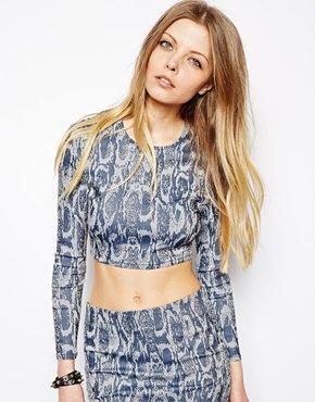 Asos Denim Crop Top In Premium Jacquard Animal Print - Multi