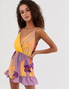 Parisian Wrap Front Romper In Bold Floral Print - Yellow