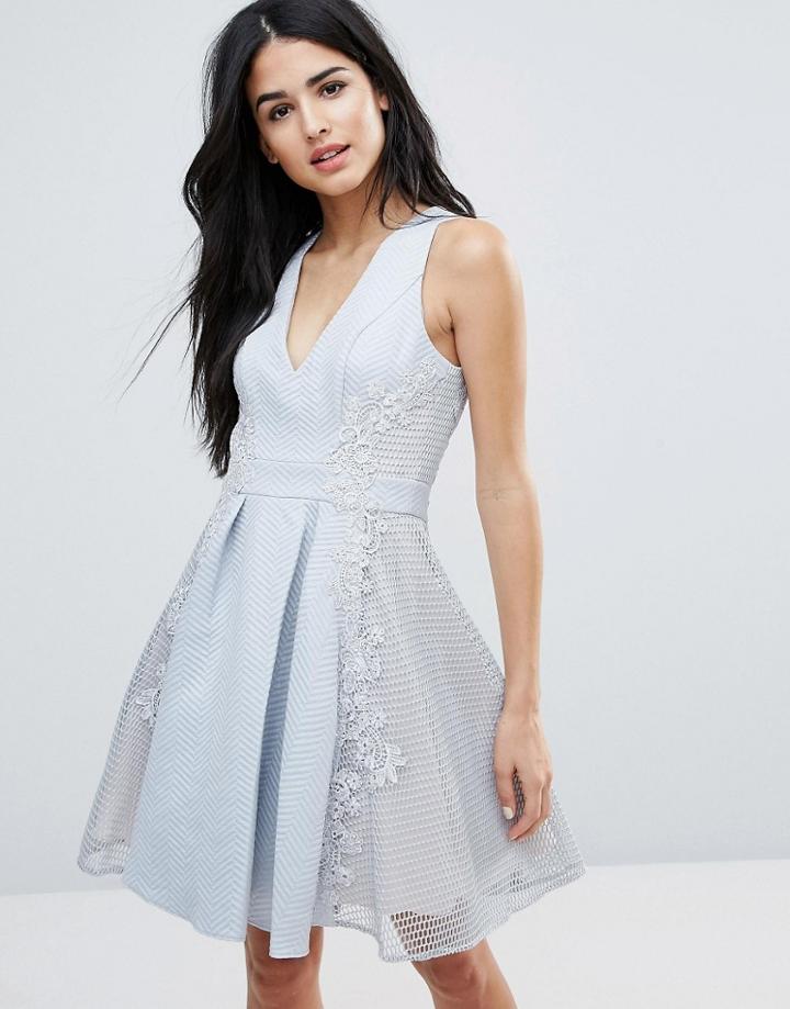 Forever Unique Deep V Skater Dress - Gray