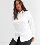Fashion Union Plus Faux Pearl Button Front Blouse With Balloon Sleeve In Ivory-white