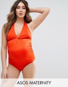 Asos Maternity Twist Knot Front Halter Tankini Bikini Top - Orange