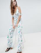 Oh My Love Printed Cold Shoulder Jumpsuit With Frill Detail - Multi