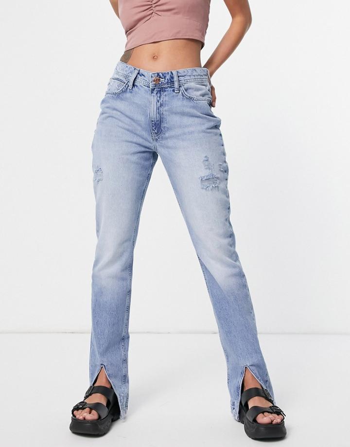River Island Slit Hem Straight Cut Jeans In Mid Auth Blue-blues