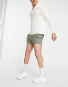 Asos Design Skinny Super Short Chino Shorts With Elasticized Waist In Light Khaki-green