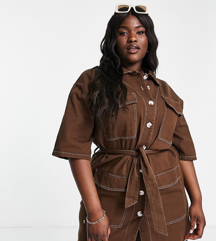 Lola May Plus Shirt Dress With Tie Waist In Chocolate Brown