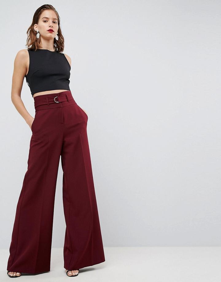 Asos Tailored Wide Leg High Waist With Belt And Buckle Detail - Red