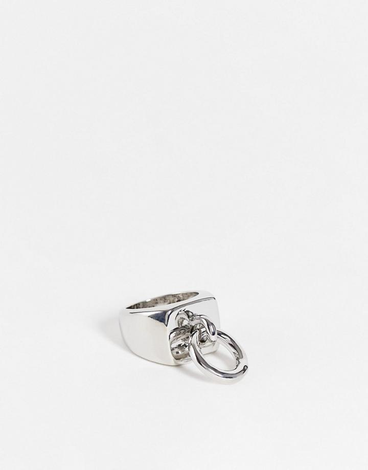 Designb London Chunky Signet Ring With Circle Charm In Silver