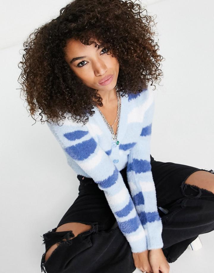 Bershka Fluffy Cardigan With Stripe Detail In Blue