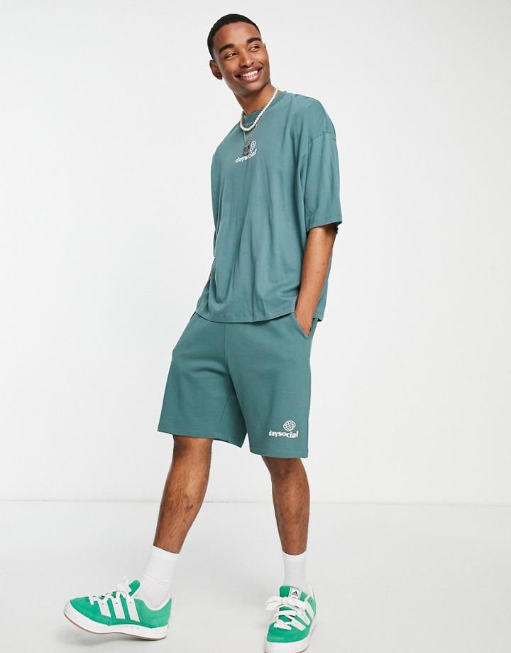 Asos Daysocial Relaxed Short With Logo Print In Teal - Part Of A Set-green
