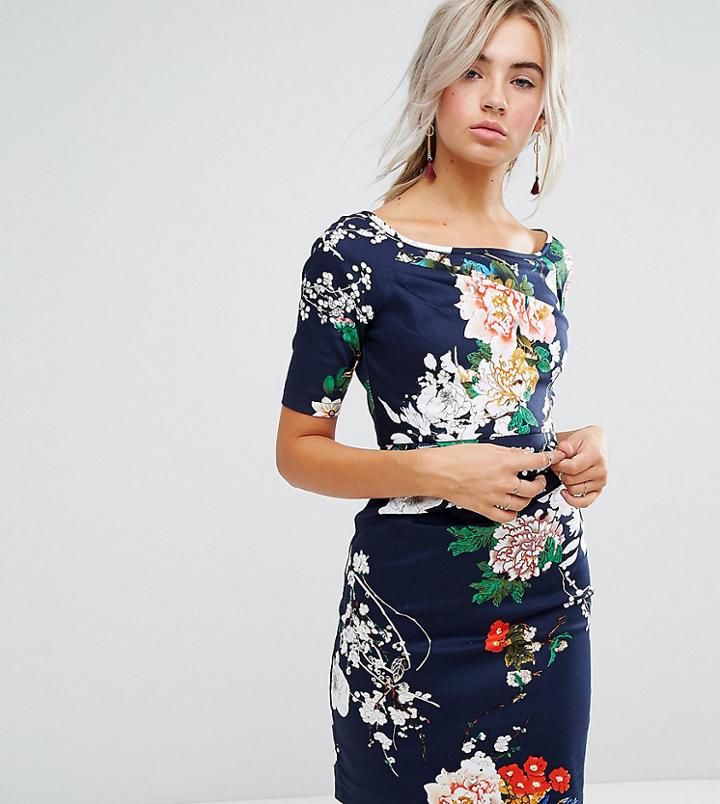 Uttam Boutique Petite Floral Print Dress With Gathered Front-navy
