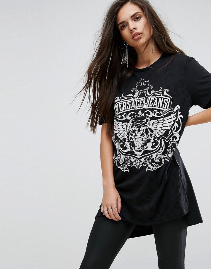 Versace Jeans Hi-lo Logo T-shirt With Eagle Print - Black