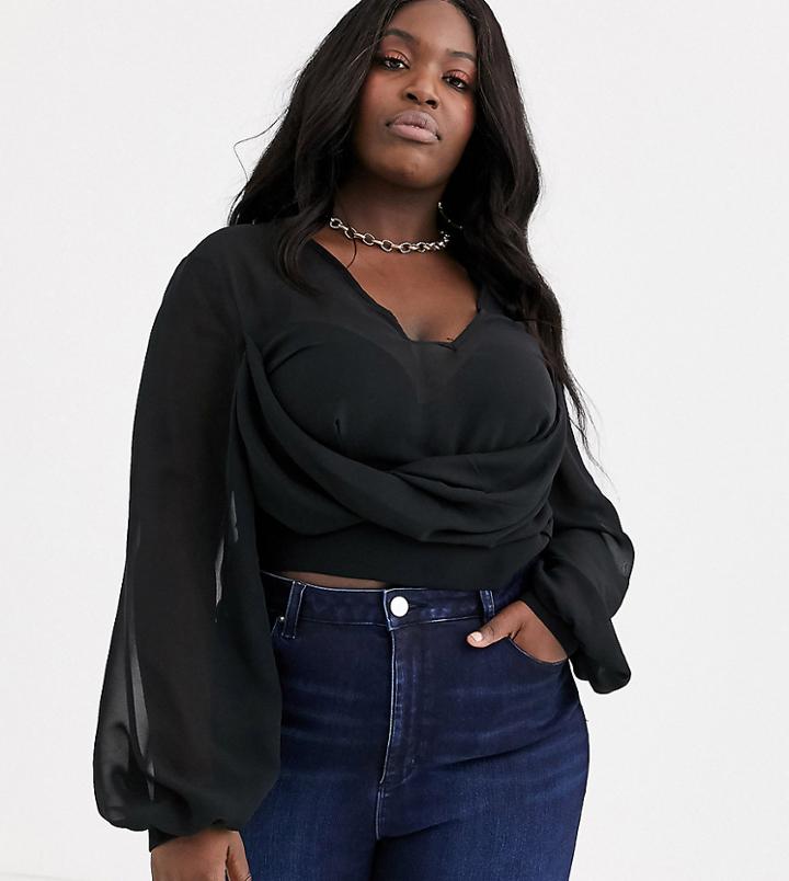 Tfnc Plus Knot Front Long Sleeve Wrap Crop Top In Black