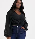 Tfnc Plus Knot Front Long Sleeve Wrap Crop Top In Black