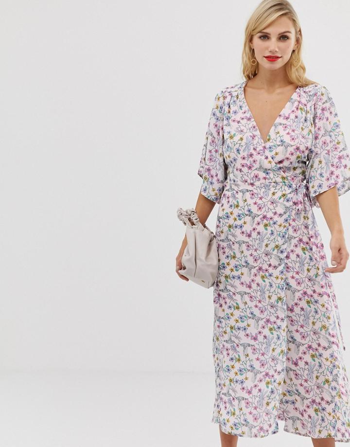Liquorish Floral Maxi Wrap Dress With Fluted Sleeves-multi