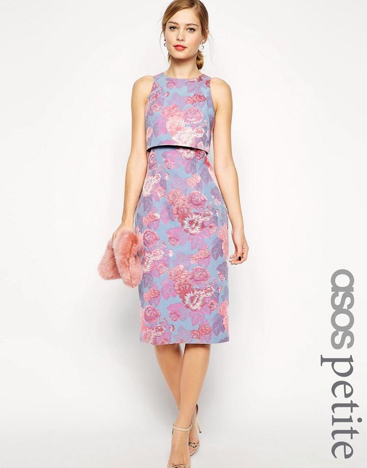 Asos Petite Jacquard Crop Top Dress In Pastel Floral - Blue