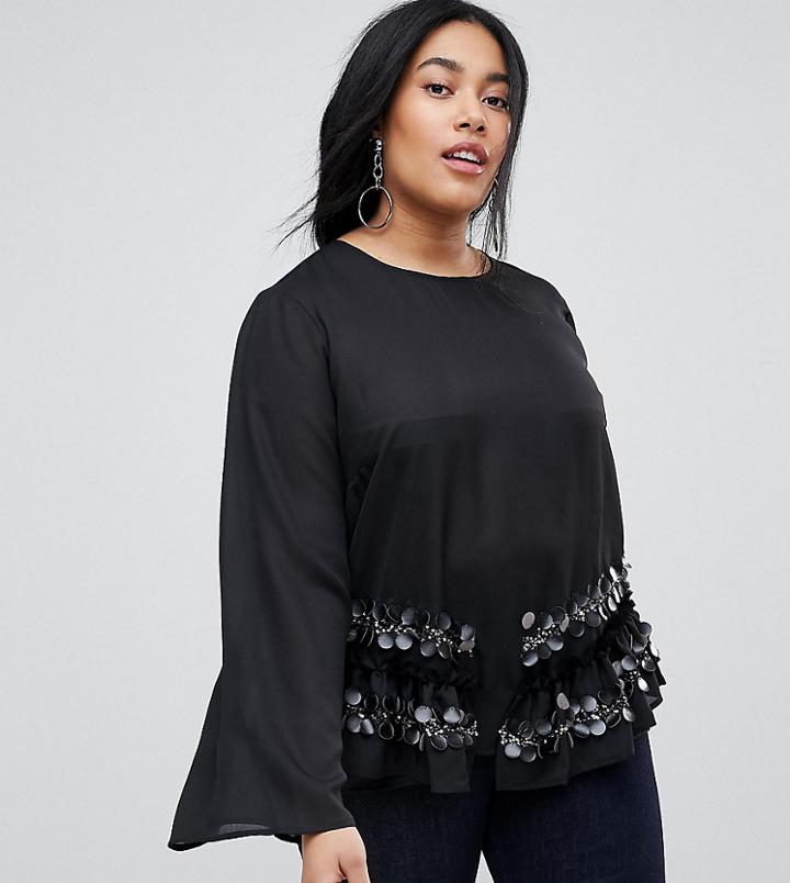 Lost Ink Plus Wide Sleeve Top With Premium Sequin Embellished Hem - Black