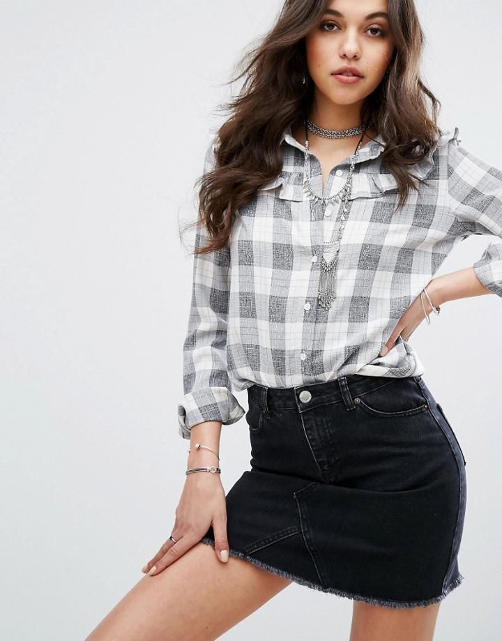 Missguided Check Shirt With Frill - Gray