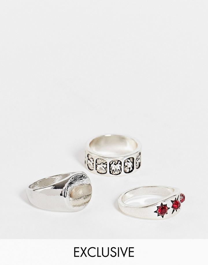 Reclaimed Vintage Inspired Unisex Ultimate Scenester Ring 3 Pack-silver