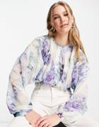 Asos Edition Shirred Blouson Sleeve Top In Floral Print-multi