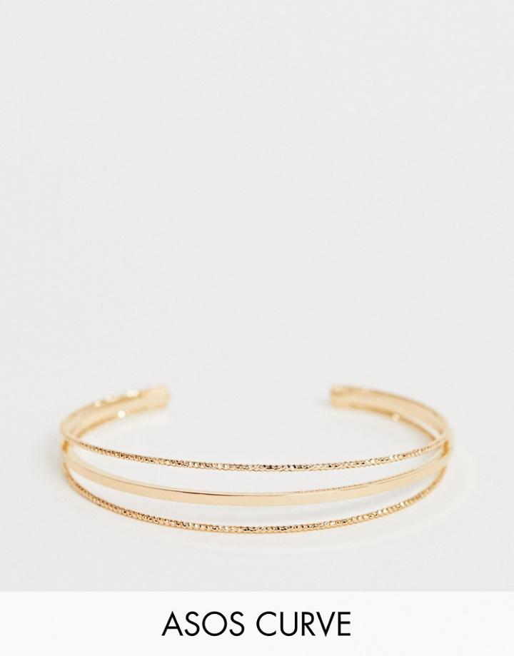 Asos Design Curve Cuff Bracelet In Split Design With Smooth And Engraved Bar In Gold - Gold