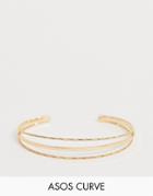 Asos Design Curve Cuff Bracelet In Split Design With Smooth And Engraved Bar In Gold - Gold