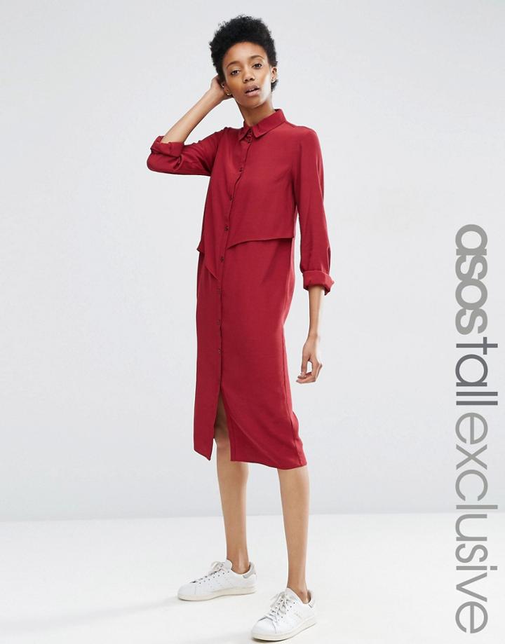 Asos Tall Midi Shirt Dress With Asymmetric Frill - Maroon