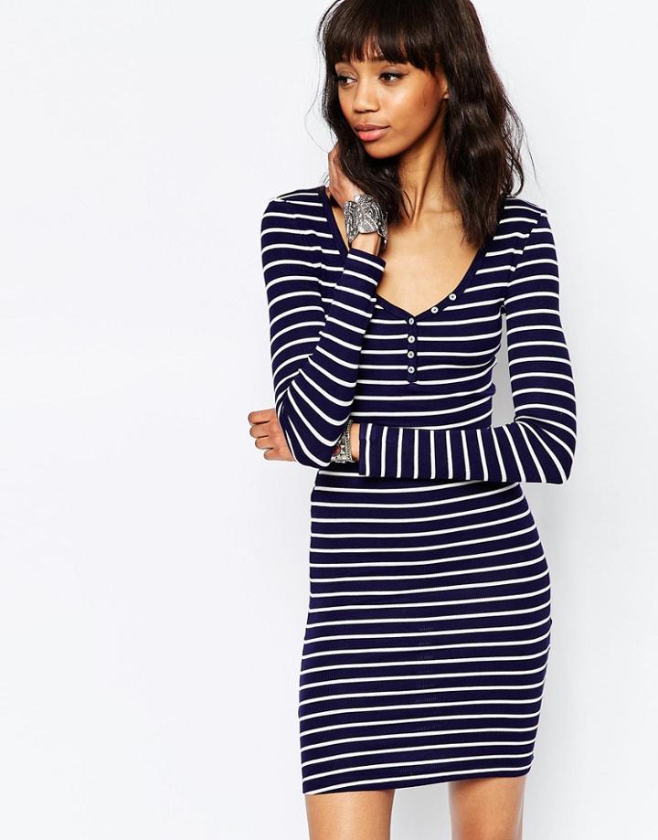 Brave Soul Long Sleeve Jersey Striped Dress With Button Front