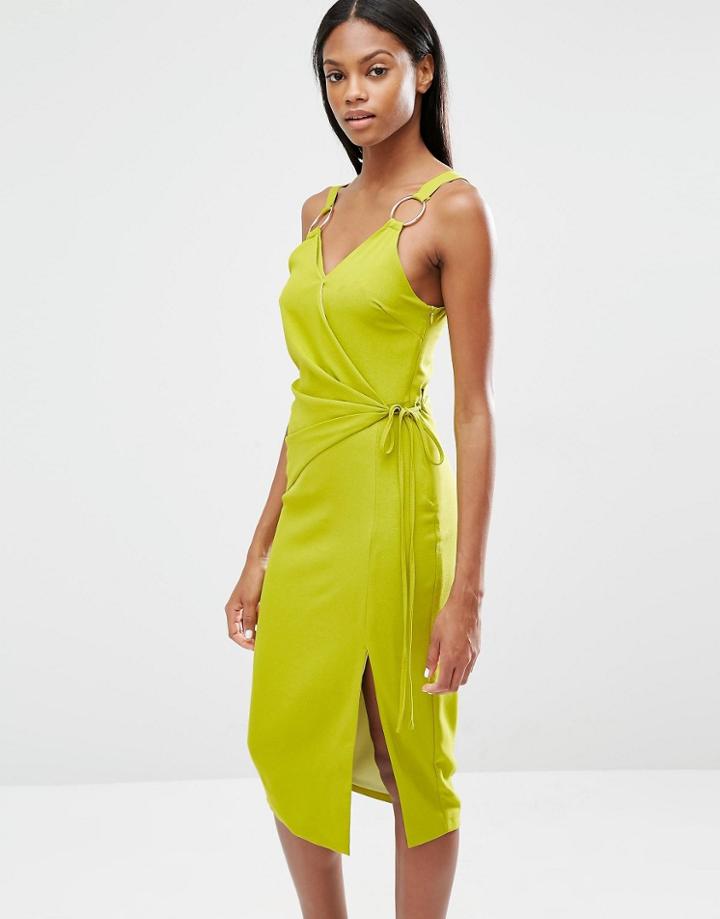 Lavish Alice Tie Wrap Front Rose Gold Ring Detail Midi Dress - Olive Green