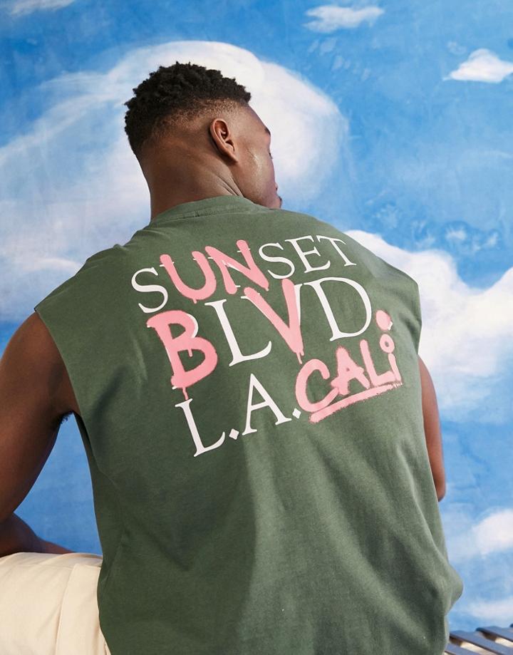 Asos Design Oversized Tank Top In Dark Green With La Text Back Print-black