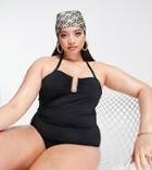 Vero Moda Curve Plunge Halterneck Swimsuit In Black