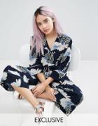 Monki Feather Print Cropped Wide Leg Jumpsuit - Multi