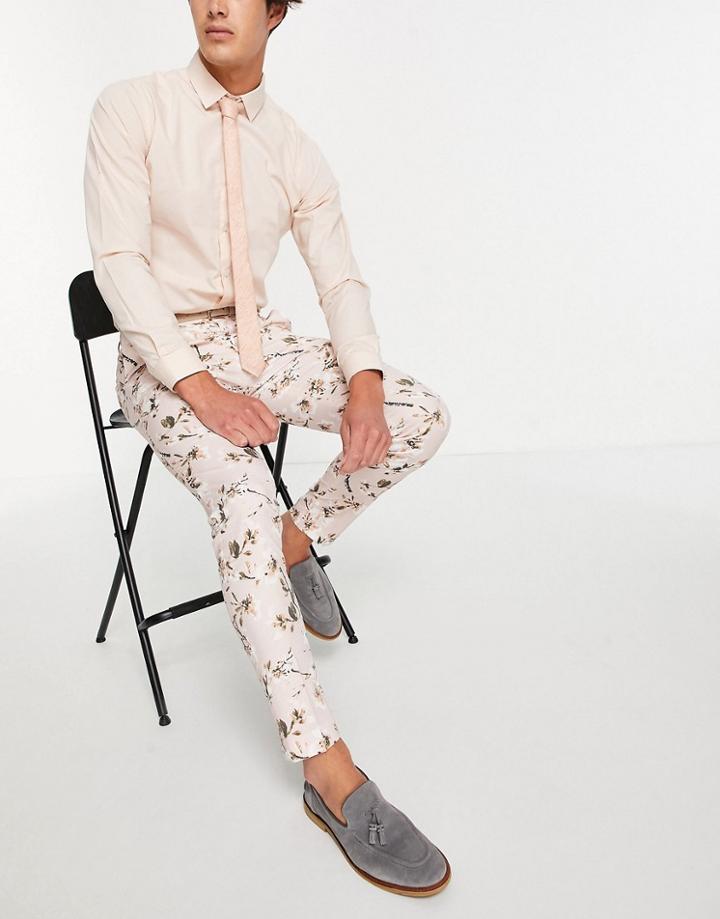 Asos Design Wedding Skinny Suit Pants In Neutral Floral Print