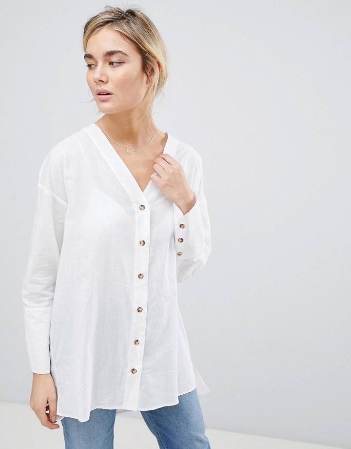 Asos Design Longline Shirt With Horn Button Detail - White