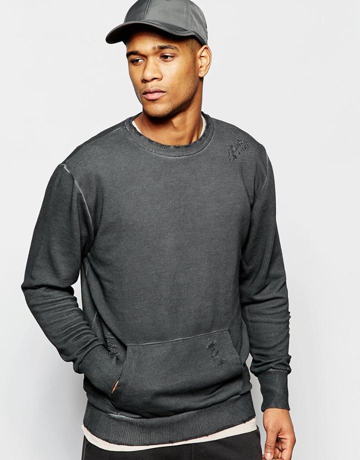 Kubban Distressed Washed Sweat Holes Oil Sweatshirt - Black