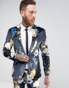Asos Super Skinny Suit Jacket In Navy Velvet With Bright Floral Print - Navy