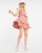 Asos Design Textured Ruffle Swing Mini Sundress With Tie Straps In Pink