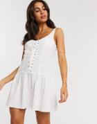 Asos Design Lace Up Sundress With Lace Inserts In White