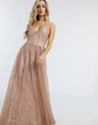 Goddiva Plunge Glitter Cami Maxi Dress In Metallic Blush-pink