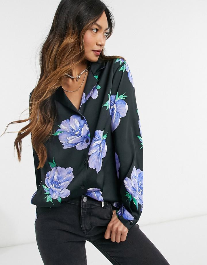 Asos Design Satin Shirt In Blue Floral Print-multi