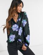 Asos Design Satin Shirt In Blue Floral Print-multi