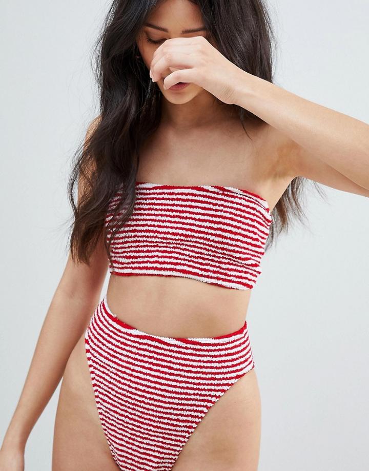 Asos Design Mix And Match Crinkle High Leg High Waist Bikini Bottom In Stripe - Multi