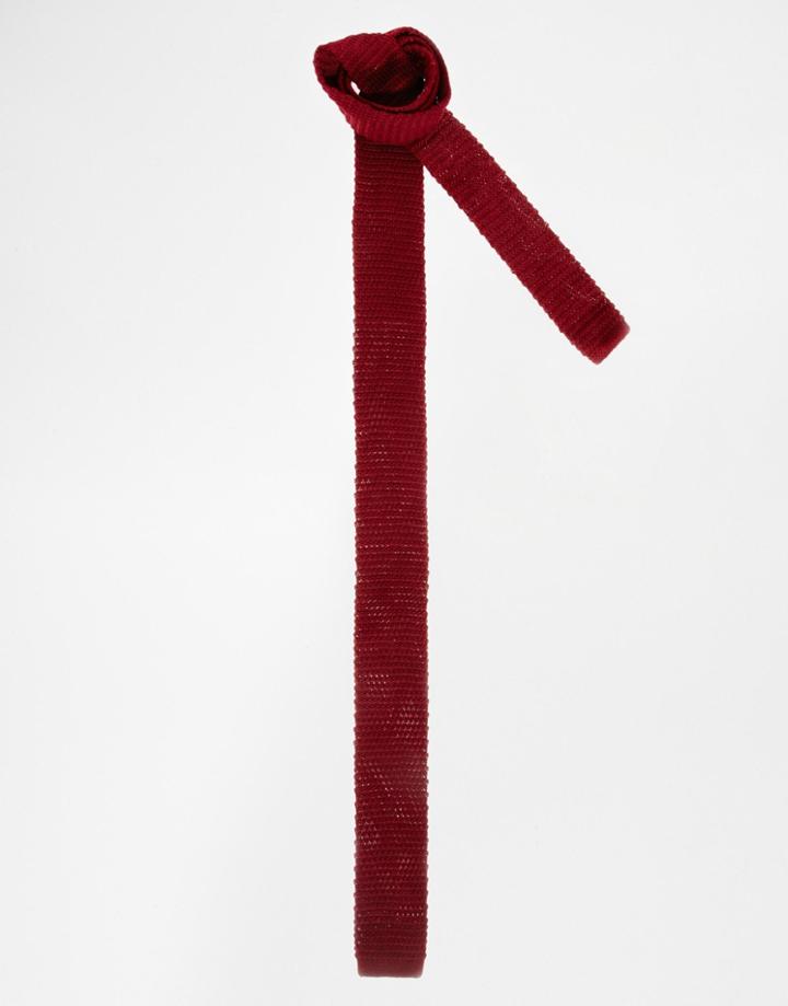 Asos Knitted Tie In Burgundy - Burgundy