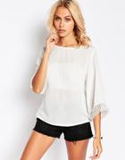 Jdy 3/4 Sleeve Boho Top With Lace Trim - White