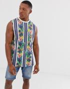 Asos Design Relaxed Sleeveless T-shirt With Floral Print And Vertical Stripes In Interest Fabric - Blue