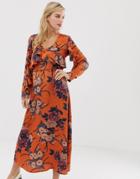 Liquorish Floral Midi Dress With Ruffle Front And Sleeve Detail-multi