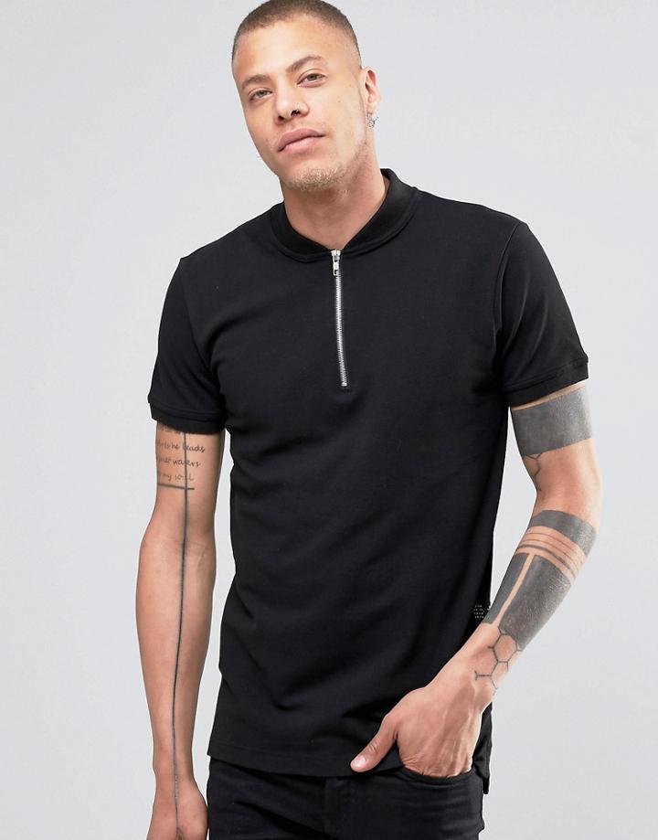 !solid Zip Neck Polo - Black