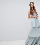 Maya Tall Floral Sequin Top Maxi Bridesmaid Dress With Tiered Ruffle Pleated Skirt - Blue
