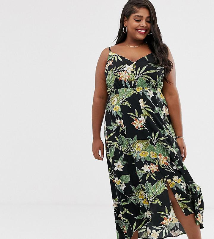 Asos Design Curve Button Through Cami Maxi Dress In Tropical Print-multi